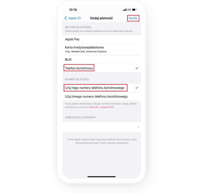Sekcja „Dodaj płatność” z zaznaczonymi polami „Telefon komórkowy” oraz „Użyj tego numeru telefonu komórkowego”