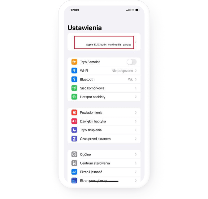 Widok zakładki „Ustawienia” w iPhone z zaznaczonym polem „Konto Apple”