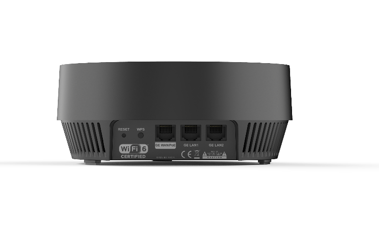 Tył urządzenia Play BOX NET Router Wi-Fi/Mesh z widocznymi portami GE WAN/PoE i LAN oraz przyciskami „Reset” i „WPS”.