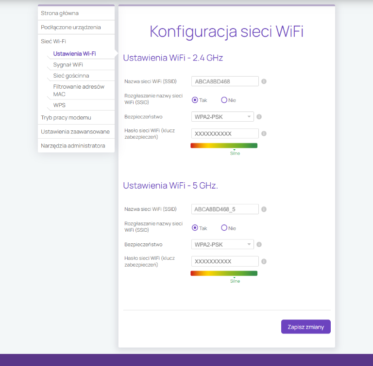 Ekran zakładki „Ustawienia Wi-Fi” dla sieci o częstotliwości 2,4 i 5 GHz