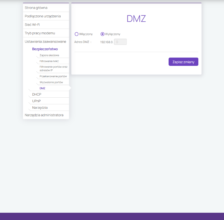 Ekran zakładki „DMZ” z ustawieniami statusu usługi i polem „Adres DMZ”
