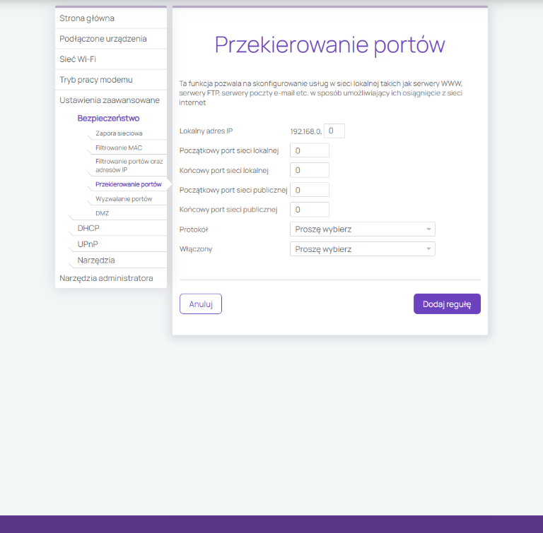 Ekran zakładki „Przekierowanie portów”