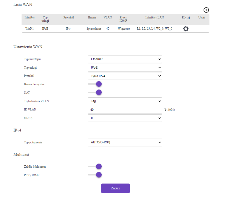 Parametry do uzupełnienia po kliknięciu symbolu „koła zębatego”, poniżej znajduje się przycisk „Zapisz”