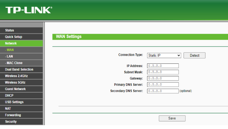 Ekran zakładki „WAN” z opcją „Static IP” w polu „Connection Type”