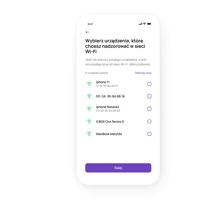 Ekran wyboru urządzeń do nadzoru w ramach Kontroli rodzicielskiej w aplikacji Play24