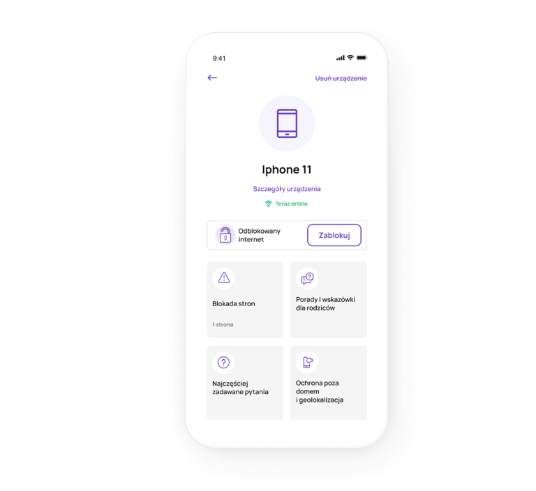 Ekran zmian w Kontroli rodzicielskiej dla wybranego urządzenia. W prawym górnym rogu znajduje się opcja „Usuń urządzenie”, pośrodku nazwa, szczegóły i status urządzenia, funkcja blokady internetu oraz kafle: „Blokada stron”, „Porady i wskazówki dla rodziców”, „Najczęściej zadawane pytania”, „Ochrona poza domem i geolokalizacja”