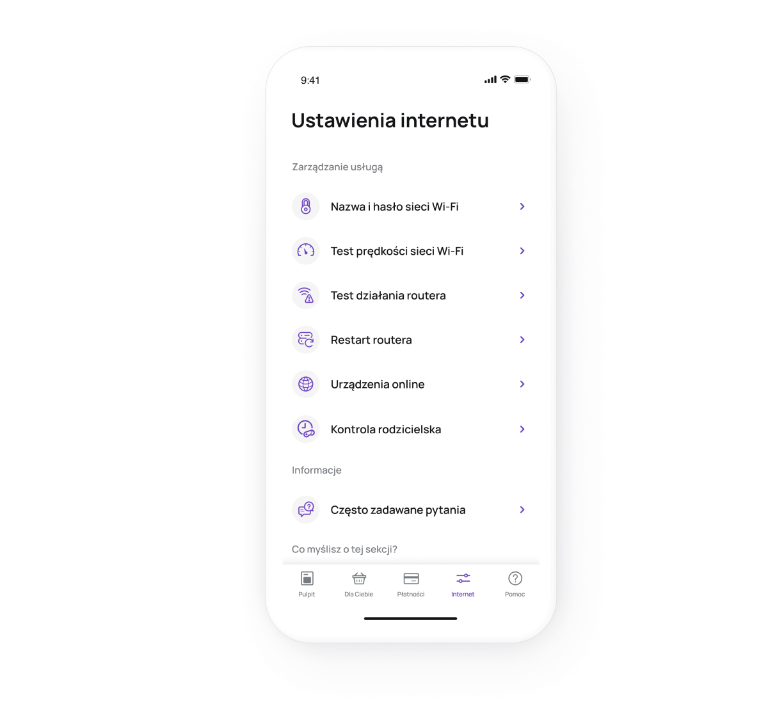 Ekran „Ustawień internetu” z opcją „Urządzenia online” w centralnej części ekranu