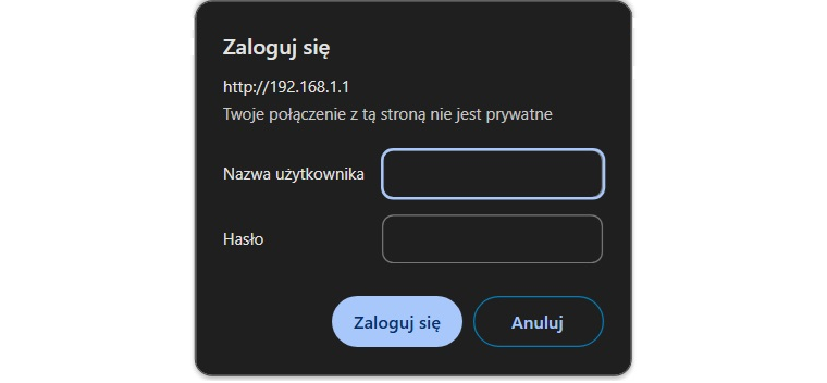 Ekran logowania z polami „Nazwa użytkownika” i „Hasło”