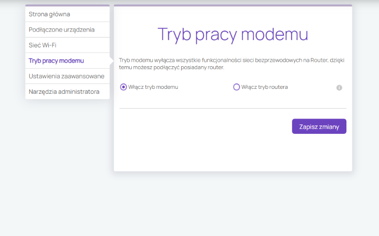 Ekran zakładki „Tryb pracy modemu” z zaznaczoną opcją „Włącz tryb modemu” i przyciskiem „Zapisz zmiany”