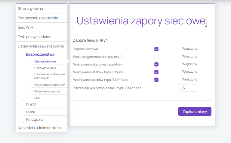 Ekran „Ustawień zapory sieciowej”