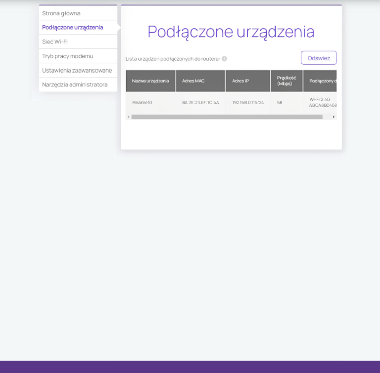 Ekran zakładki „Podłączone urządzenia” z listą urządzeń podłączonych do routera.