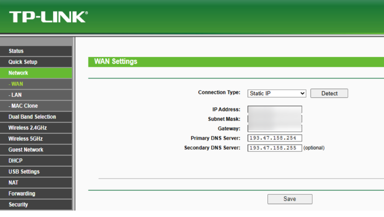 Ekran zakładki „WAN”