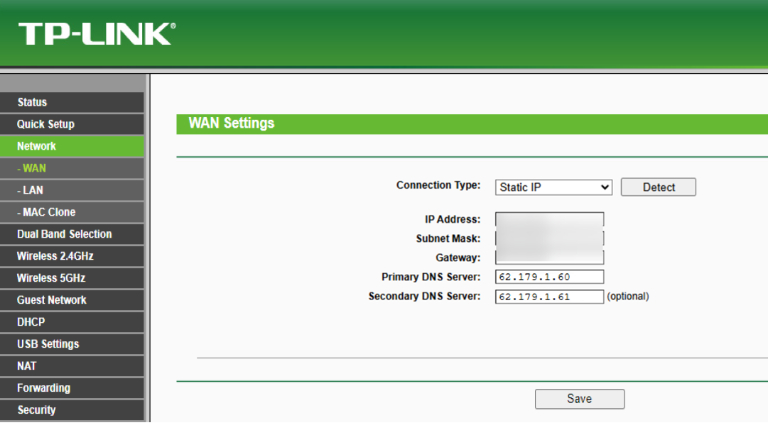 Ekran zakładki „WAN”