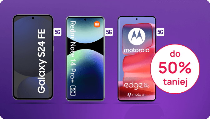 kompozycja 3 smartfonów opatrzonych informacją do 50% taniej
