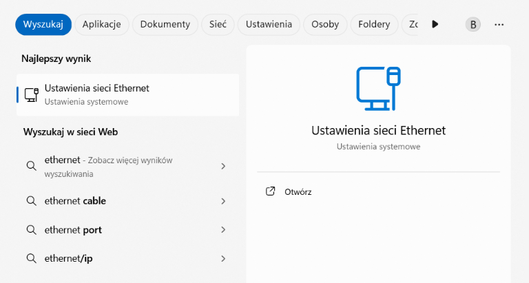 Widok wyników wyszukiwania – „Ustawienia sieci Ethernet”