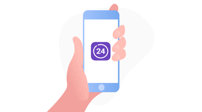 Ręka trzymająca smartfon z ikoną „24” na ekranie, symbolizującą całodobową usługę.