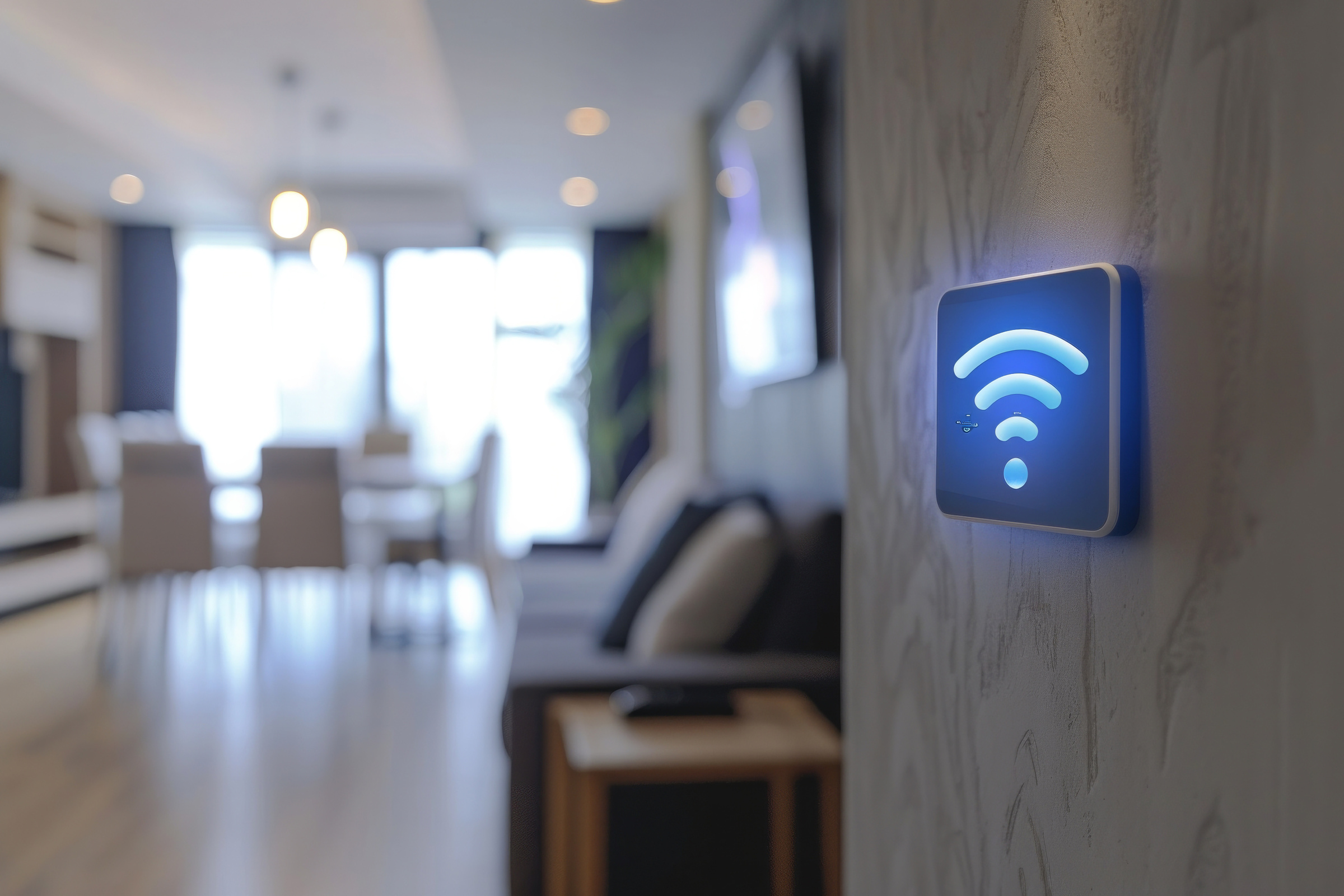 Ikonka wifi na ekranie znajdującym się na ścianie na tle rozmytego, nowoczesnego wnętrza.