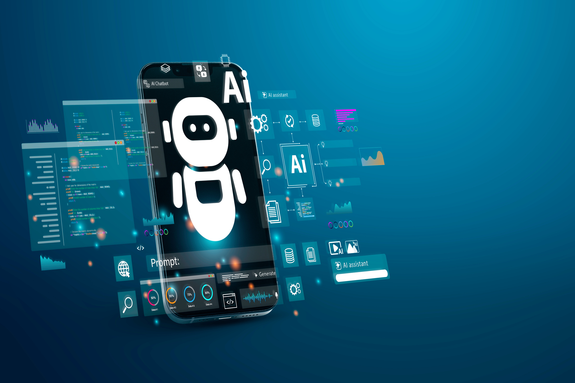 Smartfon z symbolkami Ai pokazujących jej możliwości.