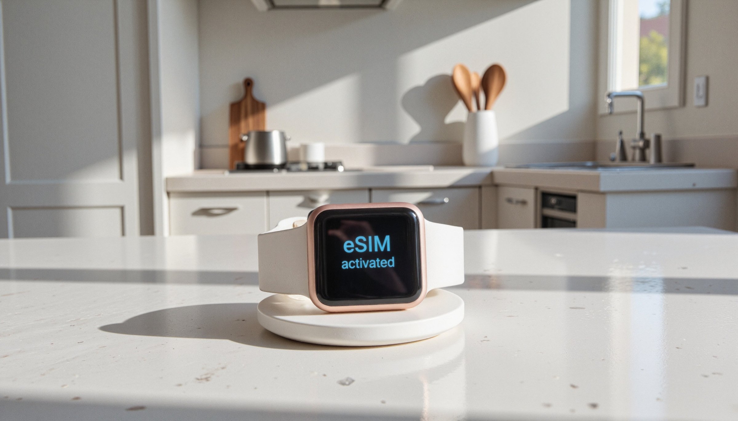 Smartwatch z wyświetloną na ekranie informacją eSIM aktywny w jasnej, nowoczesnej kuchni