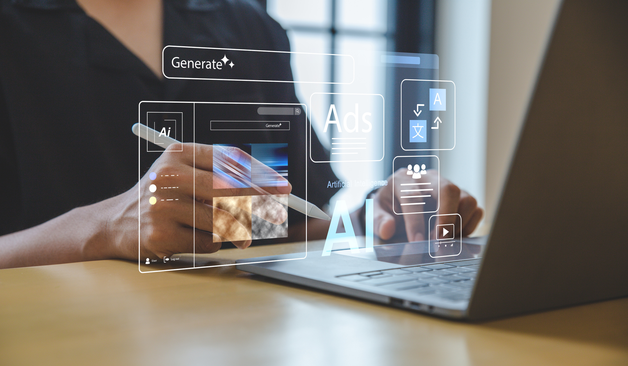 Kobieta korzysta z komputera AI, obsługując cyfrowy interfejs sztucznej inteligencji