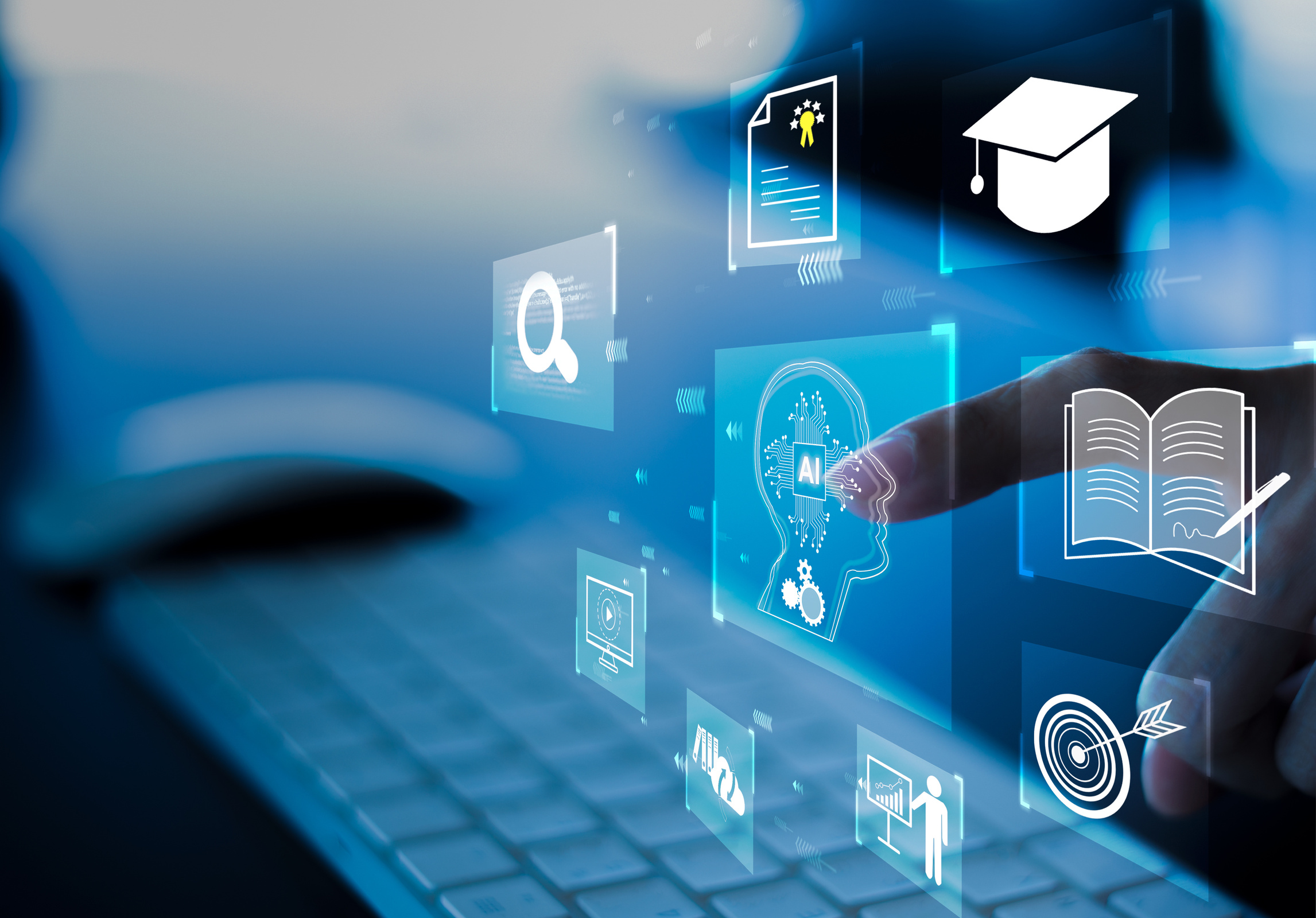 Człowiek siedzi przed komputerem AI, wskazuje palcem na wirtualny interfejs sztucznej inteligencji