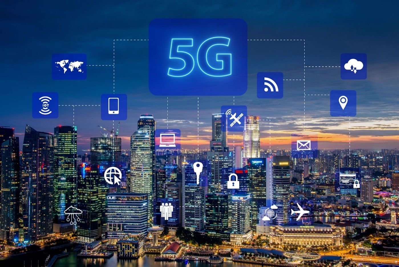 Ikonka 5G z możliwościami na tle miasta.