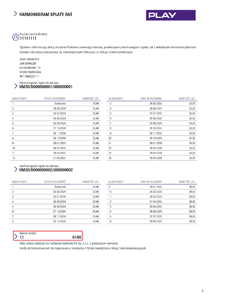 Widok dokumentu „Harmonogram spłaty rat” z zaznaczonym w dolnej części numerem konta bankowego do wpłaty