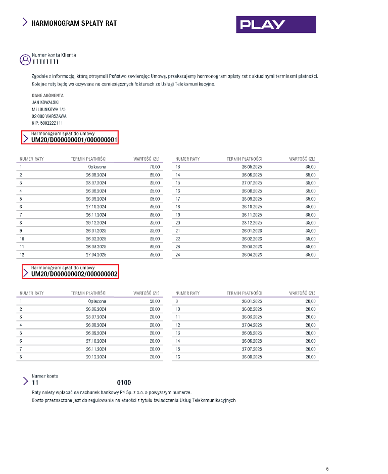 Widok dokumentu „Harmonogram spłaty rat” z zaznaczonym w górnej części numerem umowy sprzedaży urządzenia na raty