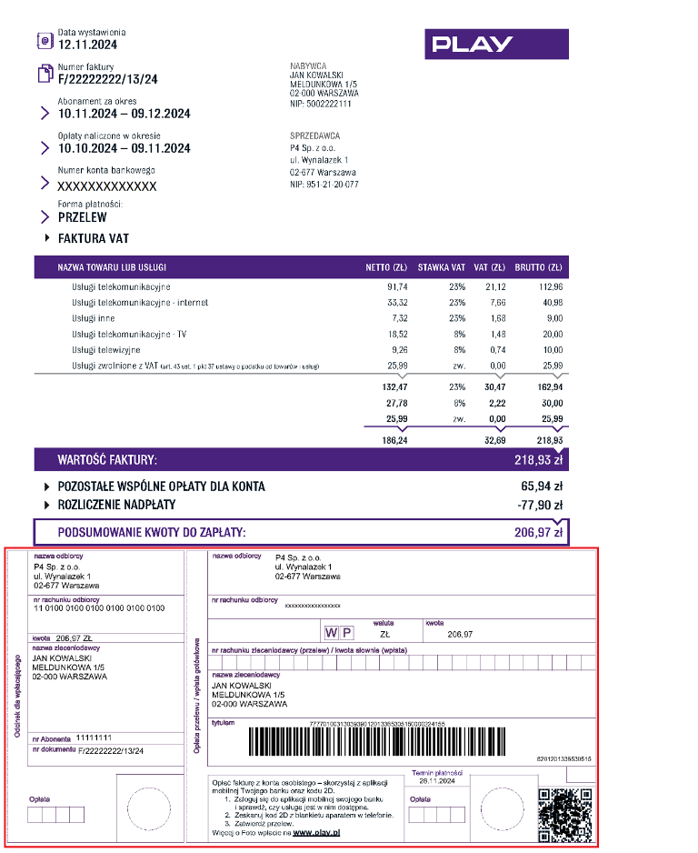 Widok druku do przelewu, który dołączamy do faktury