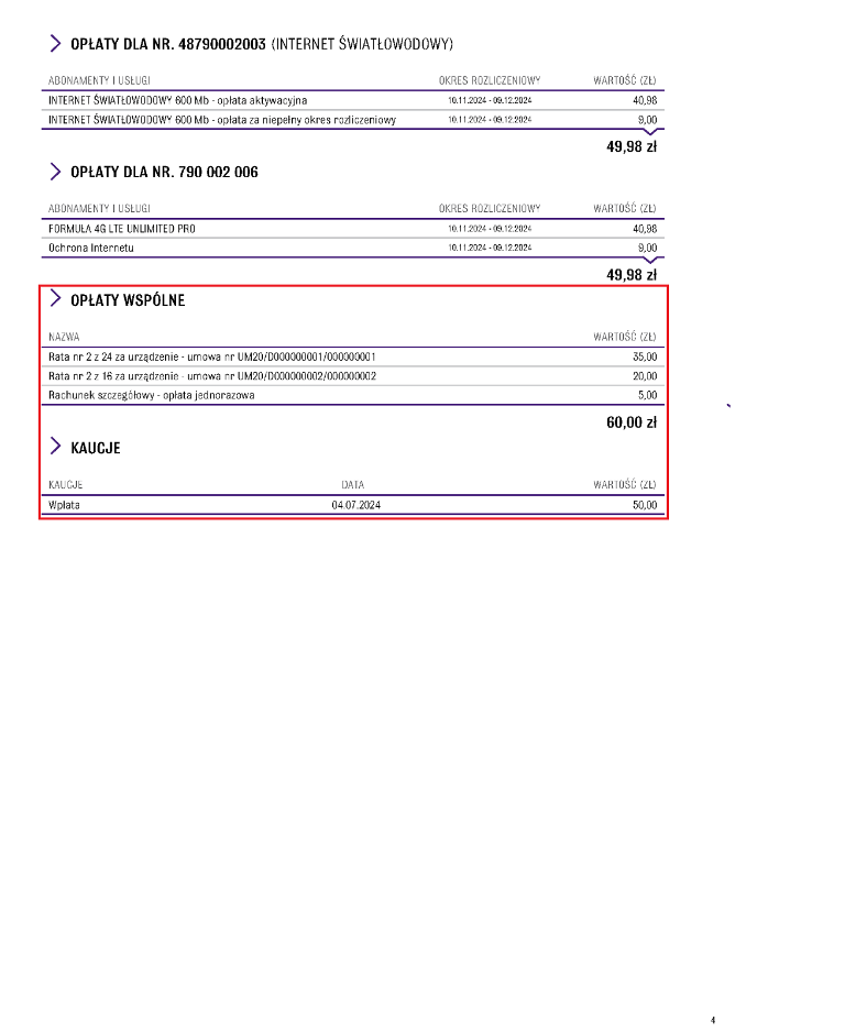 Widok faktury z zaznaczonymi polami „Opłaty wspólne” i „Kaucja”