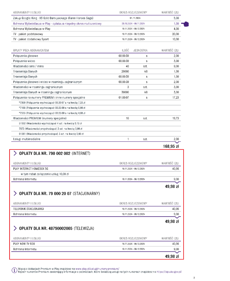 Widok faktury z zaznaczonym szczegółowym rozliczeniem opłat dla poszczególnych numerów usług