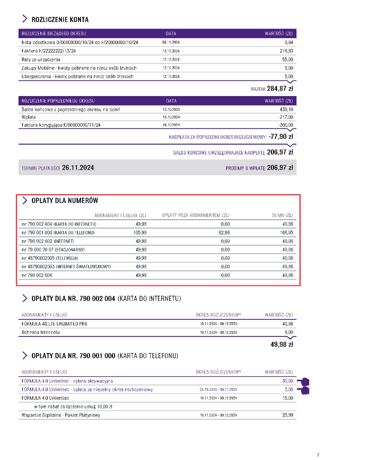 Widok faktury z zaznaczonym podsumowaniem opłat dla poszczególnych numerów usług