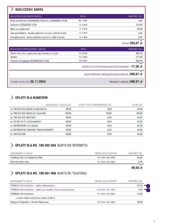 Widok faktury z zaznaczonym szczegółowym rozliczeniem bieżącego i poprzedniego okresu