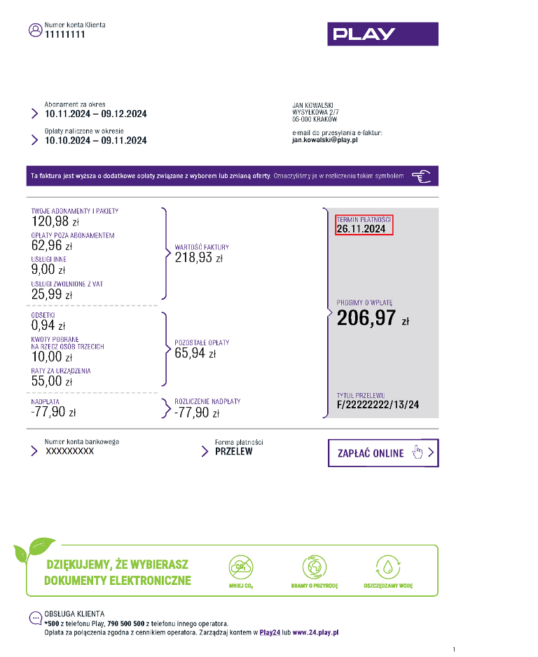 Widok faktury z zaznaczonym w centralnej części terminem płatności