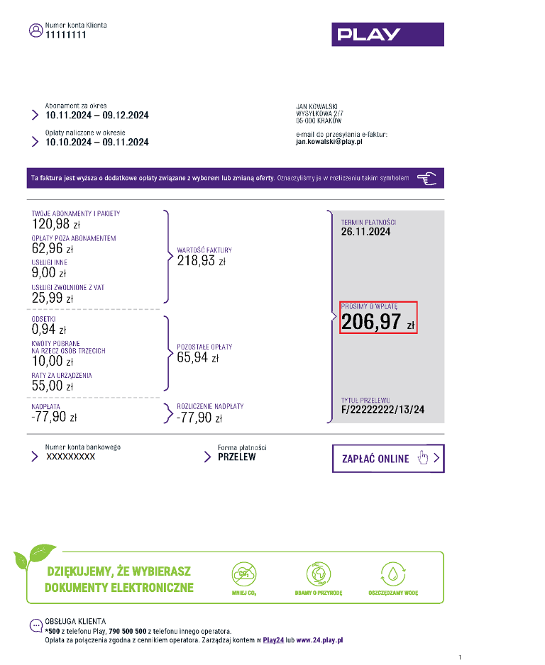 Widok faktury z zaznaczoną w centralnej części kwotą do zapłaty