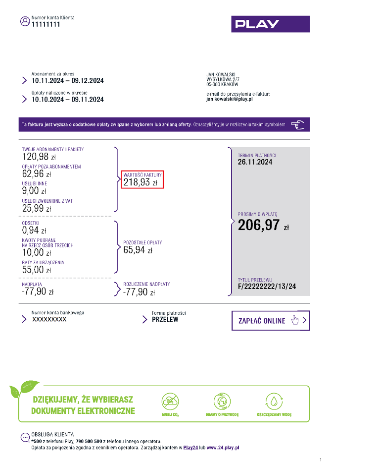 Widok faktury z zaznaczonym polem „Wartość faktury” w centralnej części