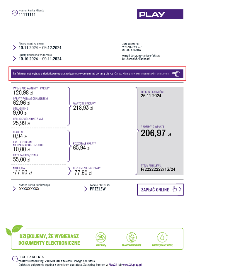 Widok faktury z zaznaczonym komunikatem o dodatkowych opłatach