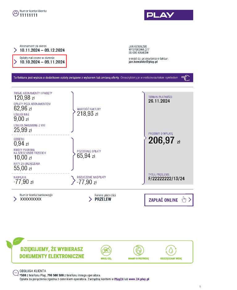 Widok faktury z zaznaczonym polem „Opłaty naliczone w okresie” po lewej stronie