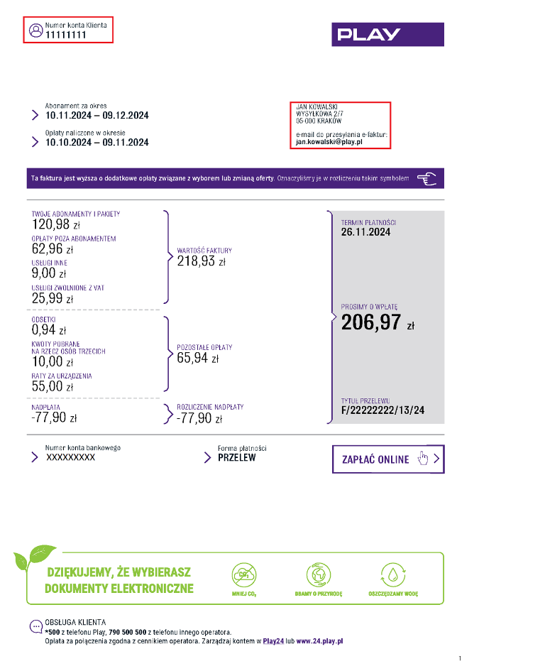 Widok faktury z zaznaczonymi polami: „Numer konta klienta” w górnym lewym rogu oraz niżej po prawej stronie „Dane adresowe”