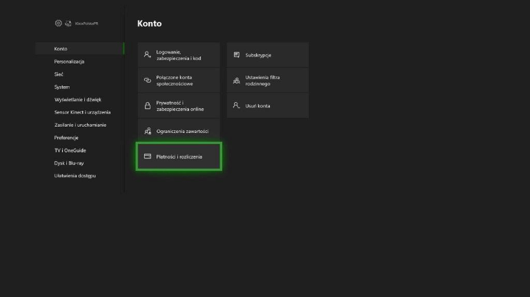 Interfejs z ustawieniami konta w Xbox z zaznaczoną zakładką „Płatności i rozliczenia”