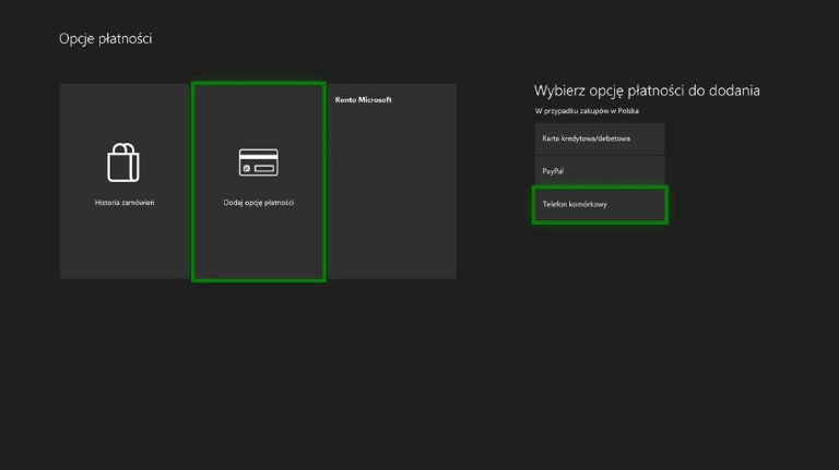 Zakładka „Opcje płatności” z zaznaczoną sekcją „Dodaj opcję  płatności” oraz wybraną formą płatności „telefon komórkowy”