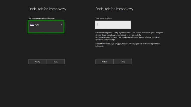 Sekcja „Dodaj telefon komórkowy” z polem do wpisania numeru telefonu