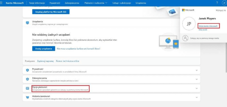 Interfejs serwisu „Microsoft Store” z zaznaczonym polem „Moje konto Microsoft” w prawym górnym rogu oraz zakładką „Opcje płatności”