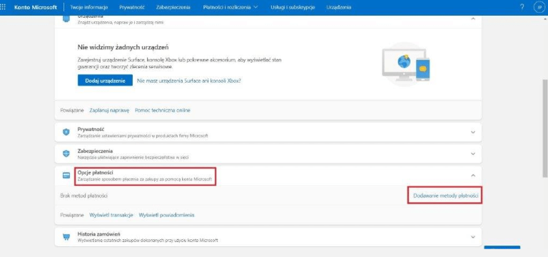 Interfejs serwisu „Microsoft Store” z zaznaczoną zakładką „Opcje płatności” a w niej  pole „Dodawanie metody płatności”