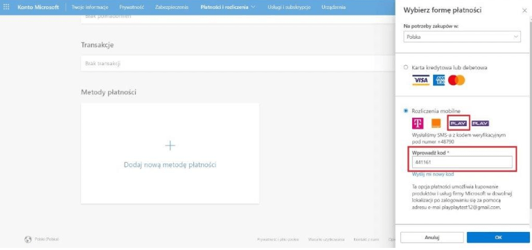 Interfejs serwisu „Microsoft Store” z sekcją „Wybierz formę płatności”, a w niej zaznaczone rozliczenie mobilne Play