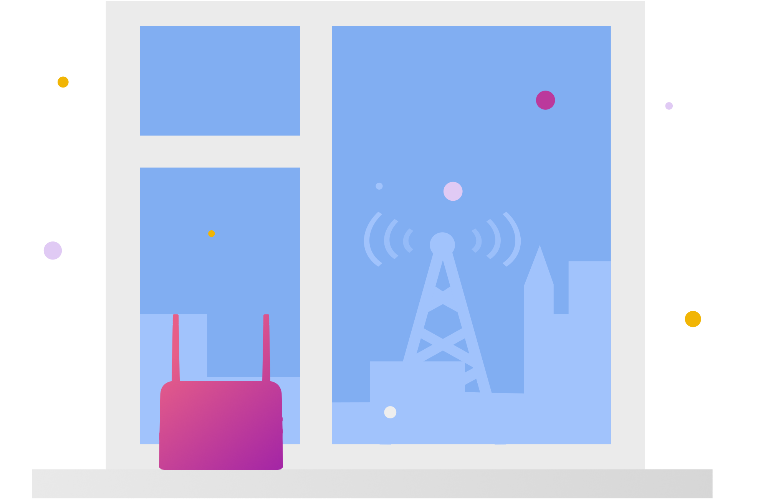 Router umiejscowiony na parapecie, w oddali znajduje się stacja bazowa