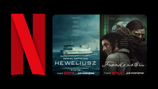 Banner promujący Netflix z tytułami "Heweliusz" i "Frankenstein", z logo Netflix