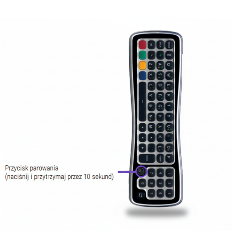 Pilot do dekodera DMC z oznaczonym przyciskiem parowania na dole po lewej stronie