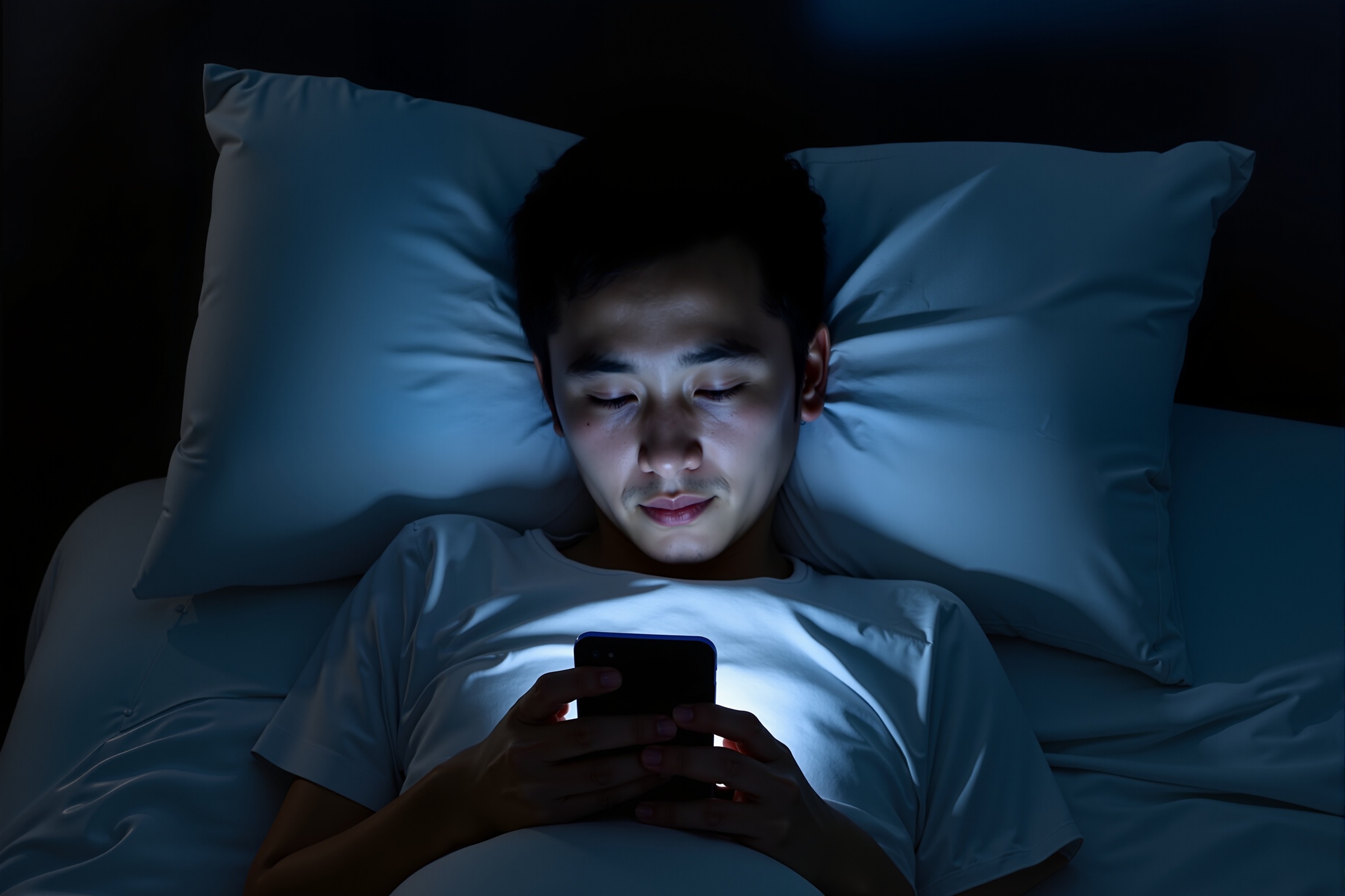 Młody chłopak z telefonem w łóżku