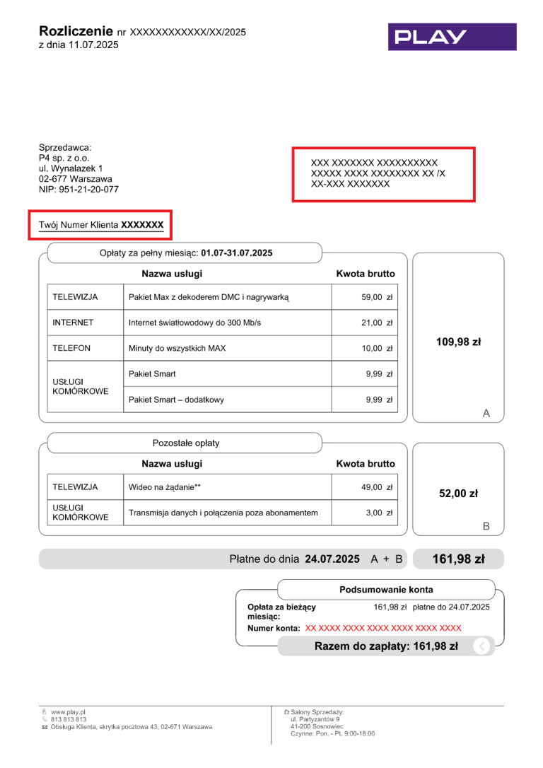 Widok rozliczenia z zaznaczonymi w górnej części numerem konta abonenckiego i danymi adresowymi